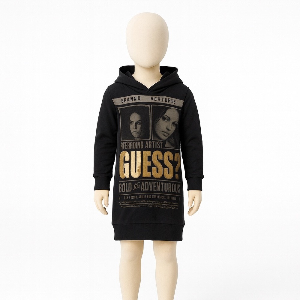 Guess Hooded Dress Big Girls 8 Black Gold Y2K Retro French‎ Terry Hoodie Tunic